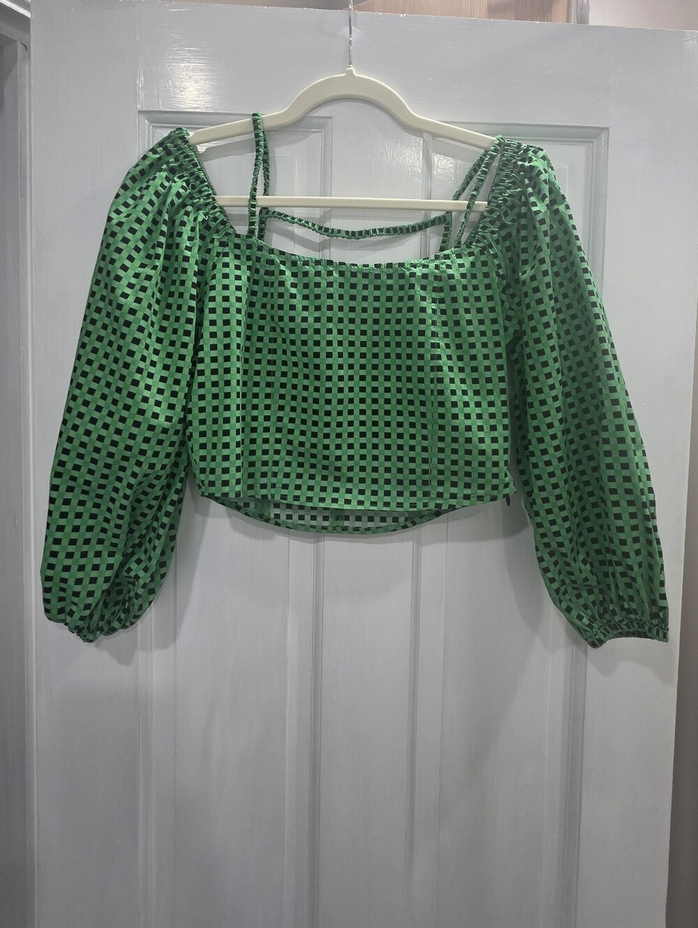 Green Checked Off-Shoulder Crop Top